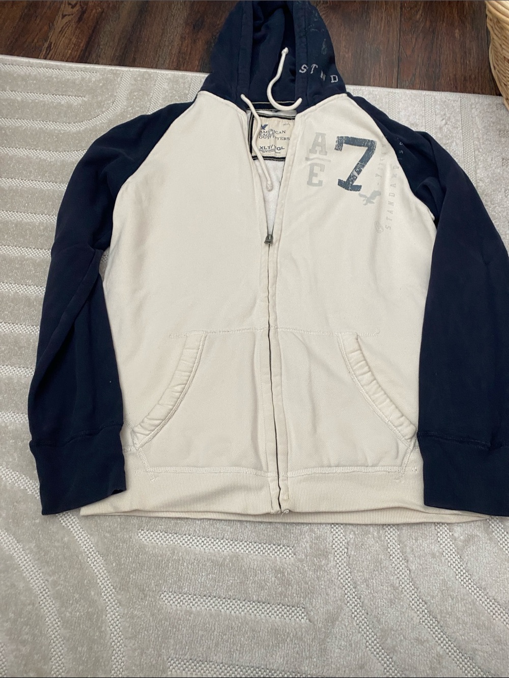 American Eagle Outfitters Cream Body Navy Sleeve Zip-Up Hoodie